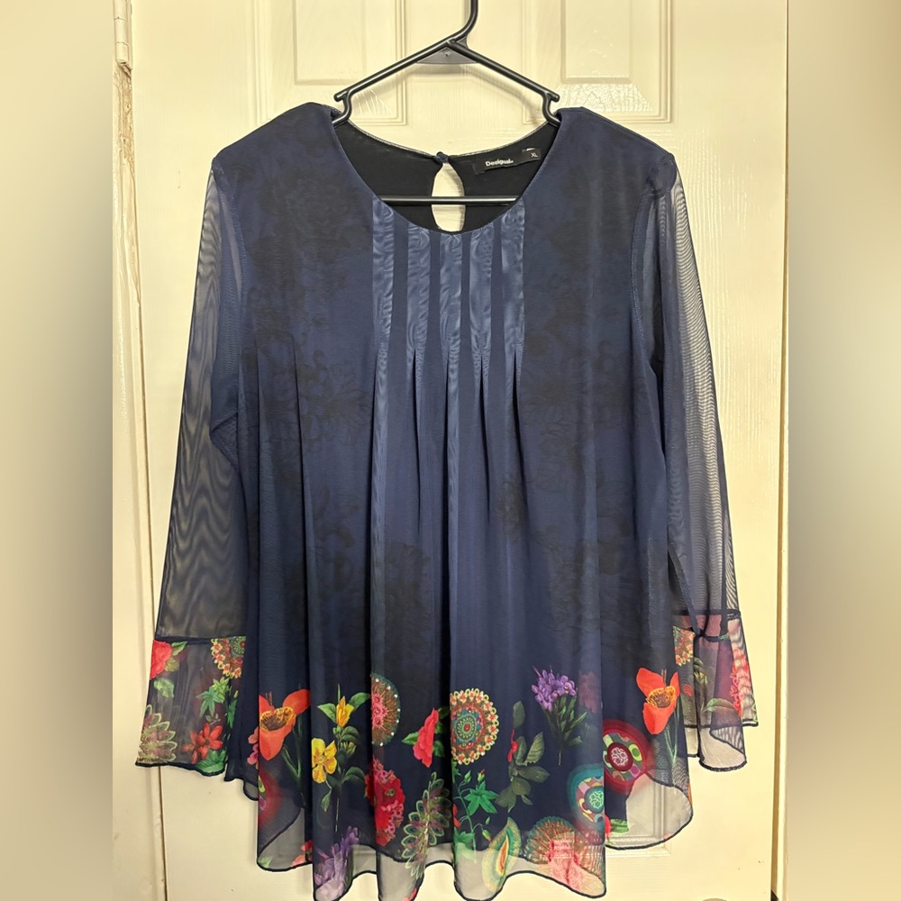 Desigual Navy Floral Blouse with Sheer Sleeves